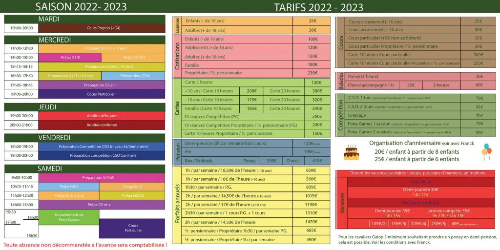 planning et tarifs dan crys 2023
